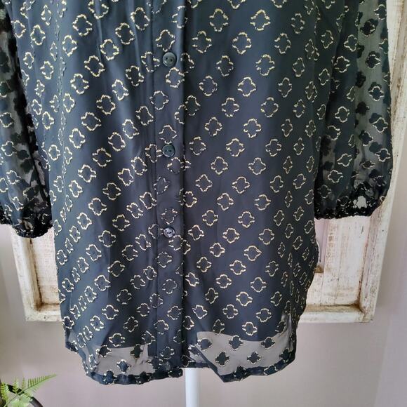 Notations Women's 3/4 Sleeve Foiled Jacquard Chiffon Blouse in Black & Gold - Picture 4 of 10